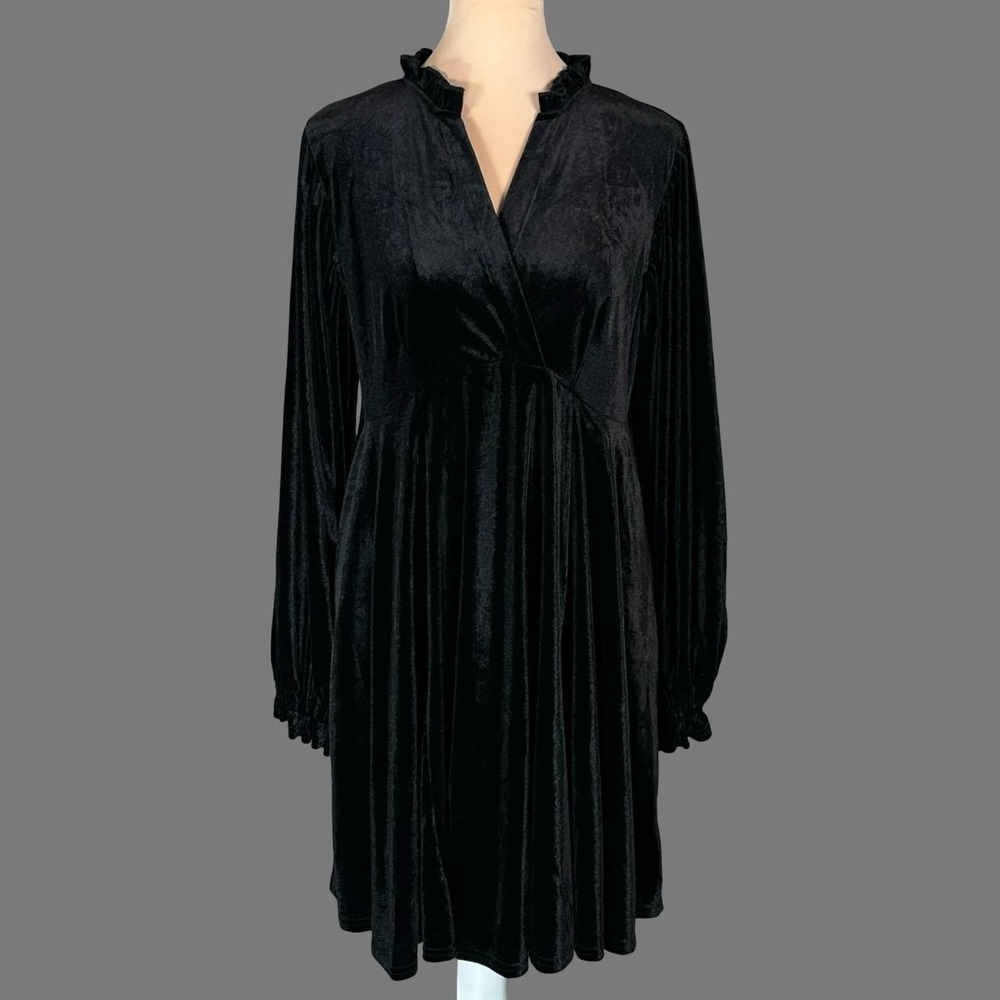 Umgee Black Velvet Mini Dress Small Ruffle Neck Balloon Sleeve Goth Whimsigoth